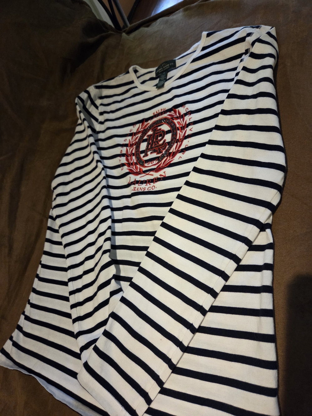Lauren Ralph Lauren Navy & White Striped Long-Sleeve Tee with Red Crest